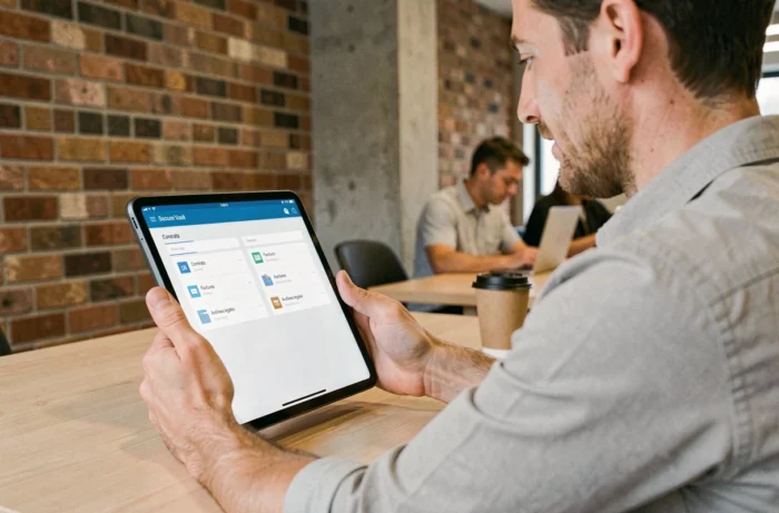 Homme accédant à un coffre-fort numérique pour la conservation légale de documents sur tablette