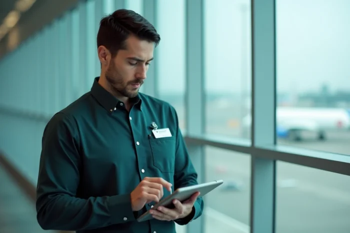 Agent Air France accédant à l'intranet professionnel via tablette dans un couloir d'aéroport