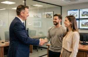 Un agent immobilier professionnel serrant la main d'un couple dans une agence immobilière moderne, symbolisant un partenariat de confiance pour un projet immobilier réussi