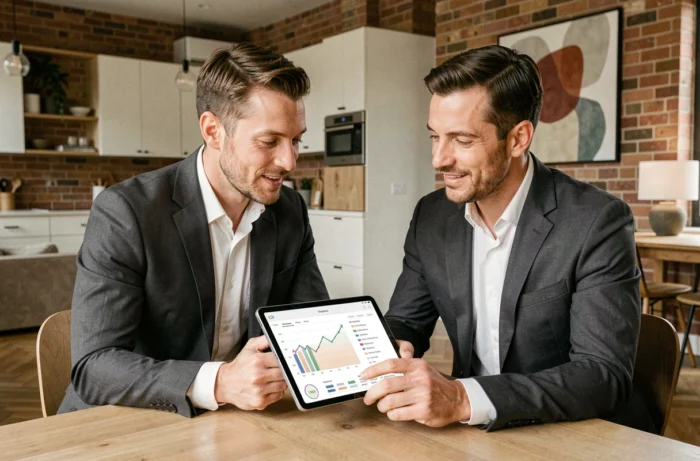 Agent immobilier présentant les tendances du marché à un client dans un appartement rénové