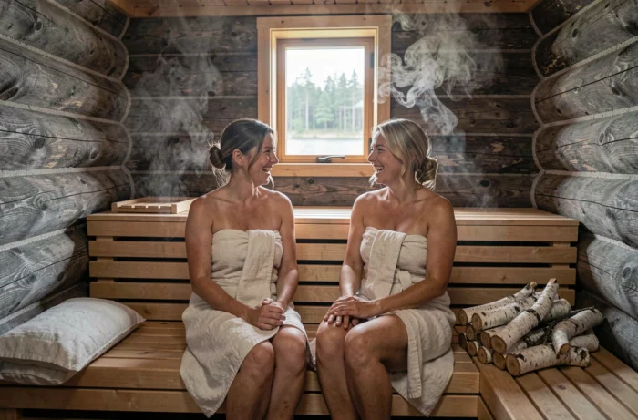 Deux femmes souriantes partageant un moment convivial dans un sauna en rondins au bord d'un lac avec des branches de bouleau et vue sur la forêt