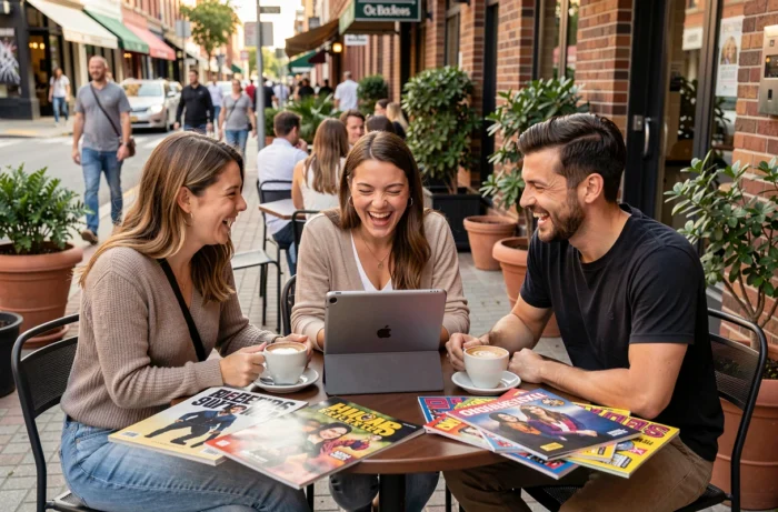 Groupe d'amis en terrasse de café consultant des magazines de culture pop et tendances sur tablette