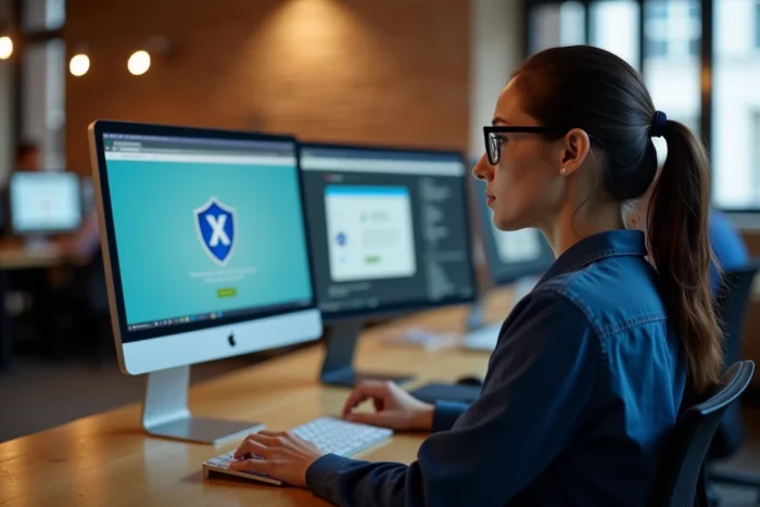 Femme analysant les résultats d'un antivirus sur un double écran dans un espace de coworking moderne pour sécuriser un téléchargement