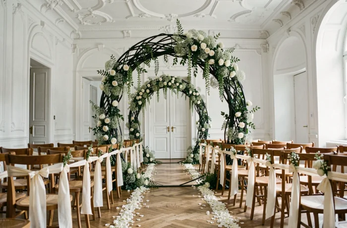 Arche de cérémonie de mariage fleurie de roses blanches dans une salle de réception parisienne haussmannienne avec allée pétales
