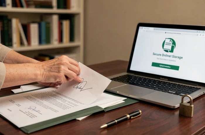 Mains déposant un contrat papier dans un dossier d'archivage sécurisé avec interface de coffre-fort numérique ouverte