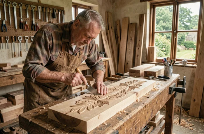Artisan menuisier sculptant du bois dans un atelier traditionnel avec des outils suspendus au mur