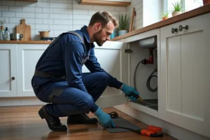 Artisan plombier professionnel utilisant un furet pour déboucher une canalisation sous un évier de cuisine