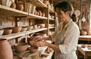 Artisane arrangeant des céramiques faites main dans un atelier artisanal chaleureux avec des murs en briques apparentes