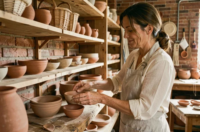 Artisane arrangeant des céramiques faites main dans un atelier artisanal chaleureux avec des murs en briques apparentes