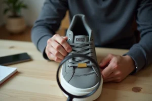 Homme examinant le numéro de série sur l'étiquette intérieure d'une Nike avec une loupe