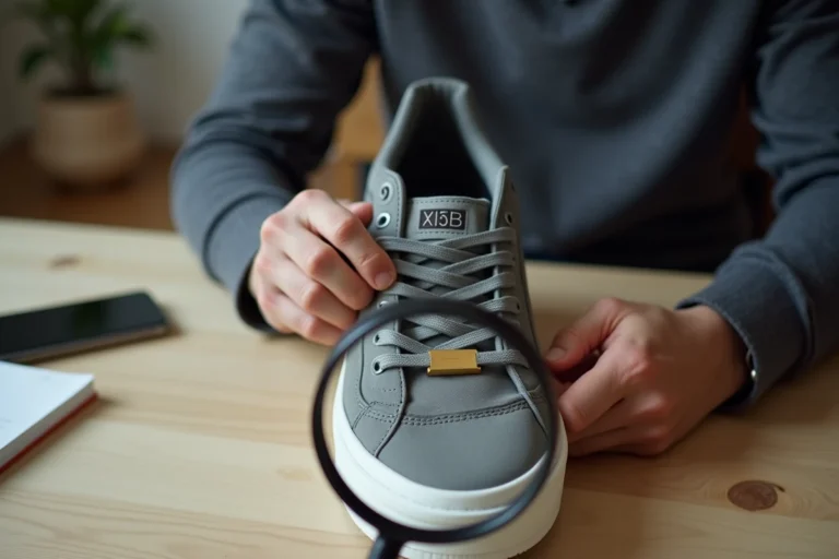Homme examinant le numéro de série sur l'étiquette intérieure d'une Nike avec une loupe