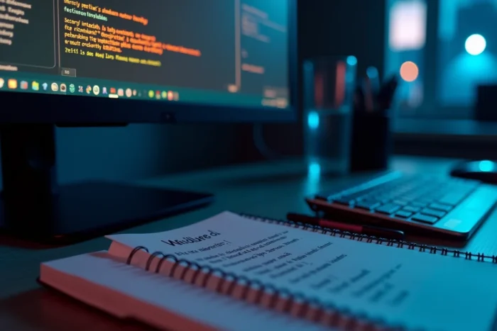 Gros plan d'un écran d'ordinateur affichant un avertissement de malware lors d'un téléchargement avec un carnet de notes de sécurité