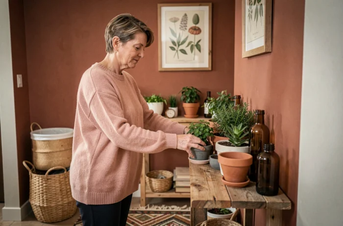 Femme arrangeant des plantes et des objets décoratifs naturels sur une étagère pour créer un intérieur bien-être harmonieux
