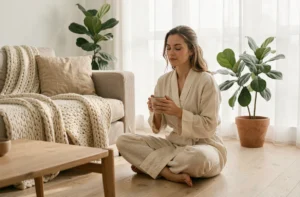 Femme en robe de lin savourant une tasse de thé dans un salon minimaliste pour un moment de bien-être à la maison
