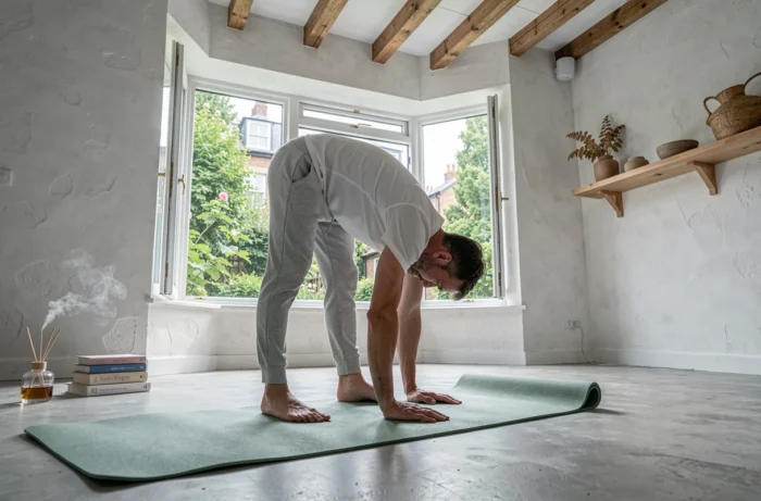 Homme pratiquant le yoga dans un espace bien-être à domicile lumineux avec vue sur jardin urbain