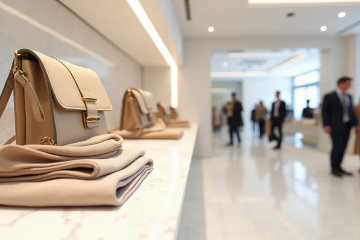 Vitrine élégante d'une boutique de luxe présentant des sacs et accessoires Michael Kors sur des étagères en marbre blanc