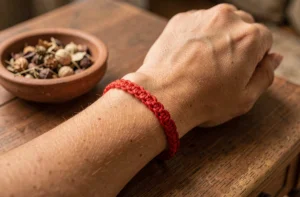 Bracelet rouge à 7 nœuds porté au poignet d'une femme, symbolisant protection et spiritualité