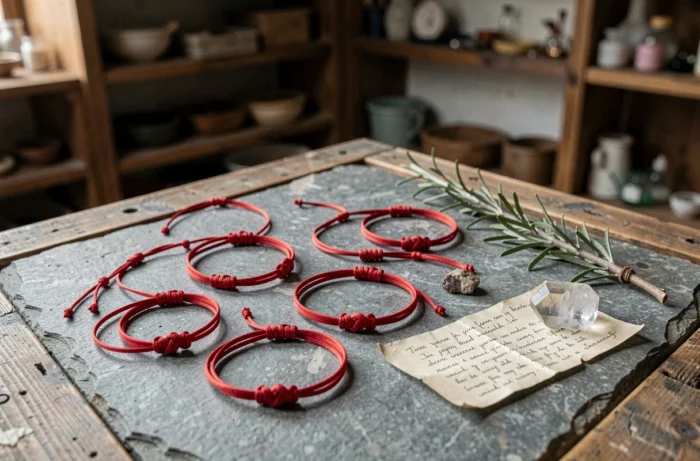 Bracelets rouges à 7 nœuds disposés avec des objets rituels sur une surface en pierre, symbolisme et tradition