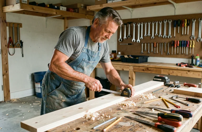 Homme bricoleur mesurant une planche de bois dans un atelier de garage équipé d'outils manuels