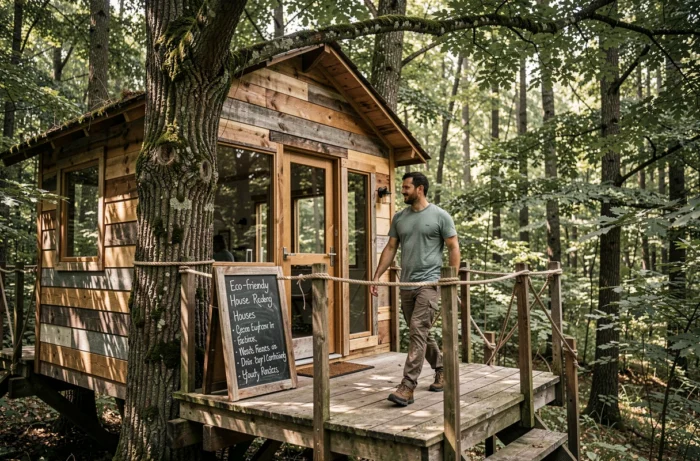 Homme sur le balcon d'une cabane dans les arbres écologique en forêt française, hébergement durable et responsable