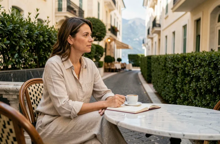 Femme prenant un café en terrasse dans une rue typique de Monaco avec vue sur la mer