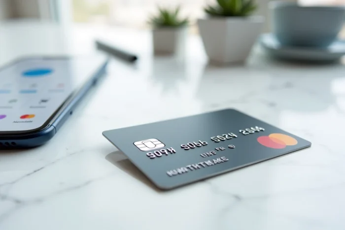 Carte bancaire prépayée posée sur marbre blanc à côté d'un smartphone affichant une application de gestion de compte