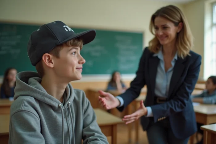 Enseignante demandant à un élève de retirer sa casquette en classe, règles de politesse à l'école