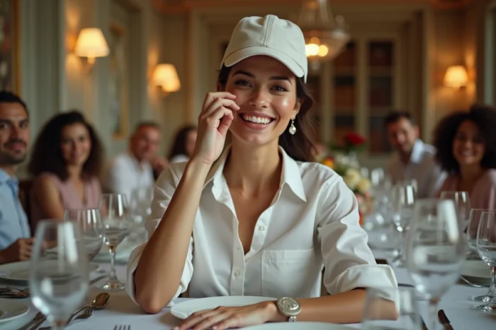 Femme tenant sa casquette retirée lors d'un repas en famille, étiquette et bonnes manières à table