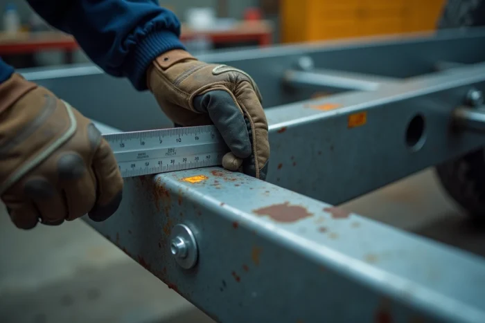 Détail du châssis d'une remorque avec marquages réglementaires et mesure de la longueur carrossable par un technicien
