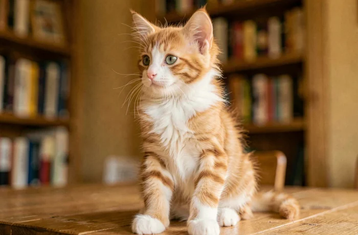 Chaton mâle roux et blanc assis sur une table, illustrant le développement anatomique du jeune chat mâle