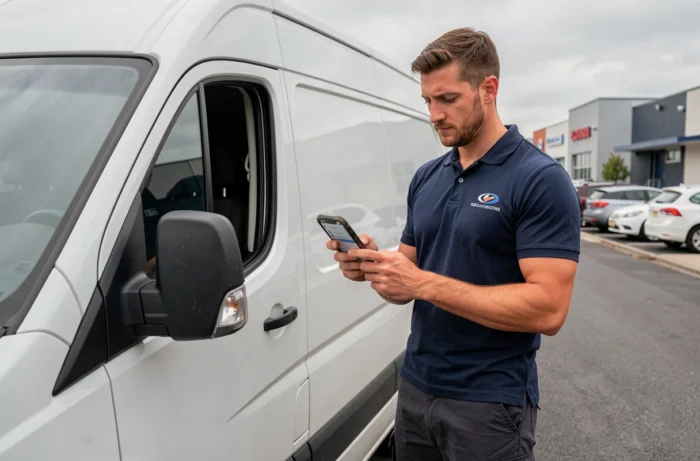 Chauffeur livreur consultant une application d'optimisation d'itinéraire sur smartphone devant un véhicule de livraison