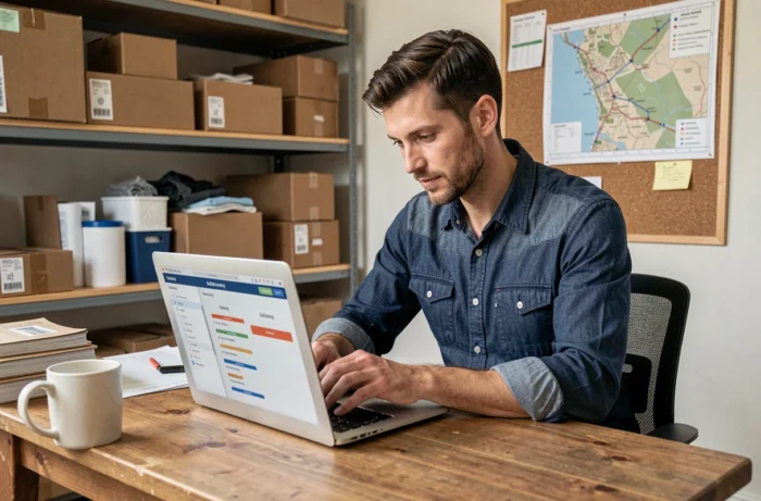 Chef d'entreprise comparant des logiciels d'optimisation de livraison sur un ordinateur portable dans un bureau à domicile
