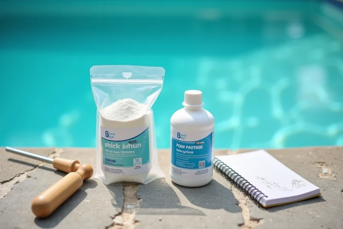 Produits de traitement piscine chlore choc et chlore lent côte à côte sur le bord d'une piscine