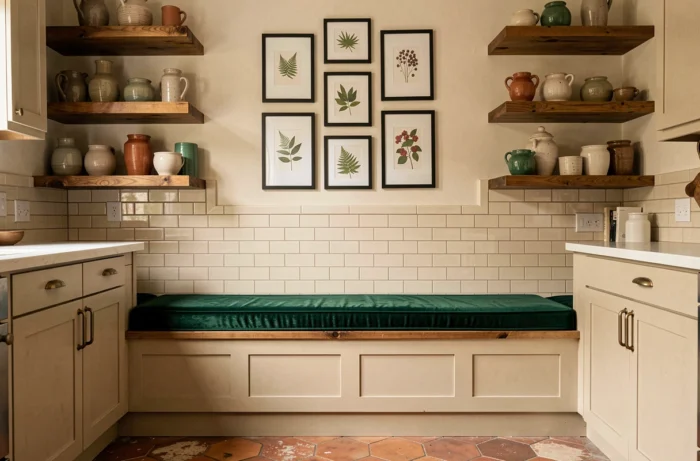 Coin lecture chaleureux dans une cuisine avec banquette en velours vert, étagères en chêne et mur de cadres botaniques pour une déco tendance