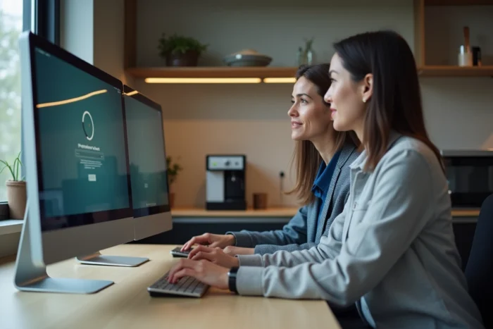 Deux collaborateurs Air France consultant ensemble l'intranet d'entreprise sur un ordinateur de bureau