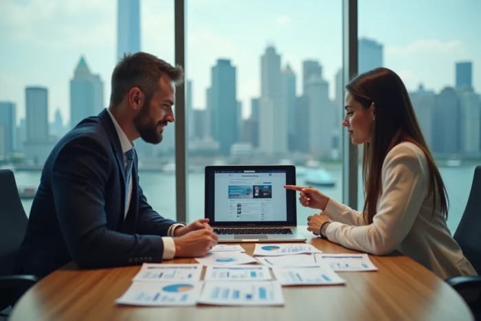 Deux collègues collaborant sur une stratégie de profil LinkedIn B2B lors d'une réunion en salle de conférence