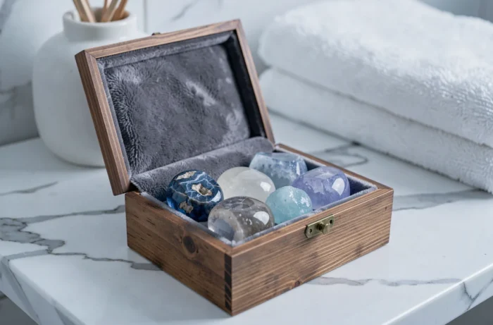 Collection de pierres naturelles anti-anxiété dans une boîte en bois sur marbre blanc : sodalite, lépidolite et calcédoine bleue