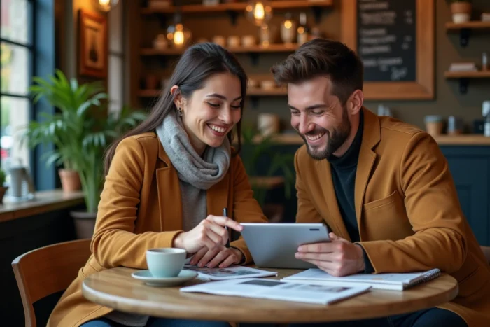 Deux collègues discutant des temps forts et nouveautés du site Soyons Sérieux autour d'un café