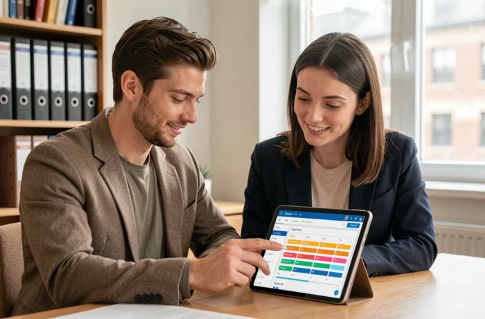 Deux collègues collaborant sur un tableau de bord de gestion des tâches sur tablette dans un bureau moderne