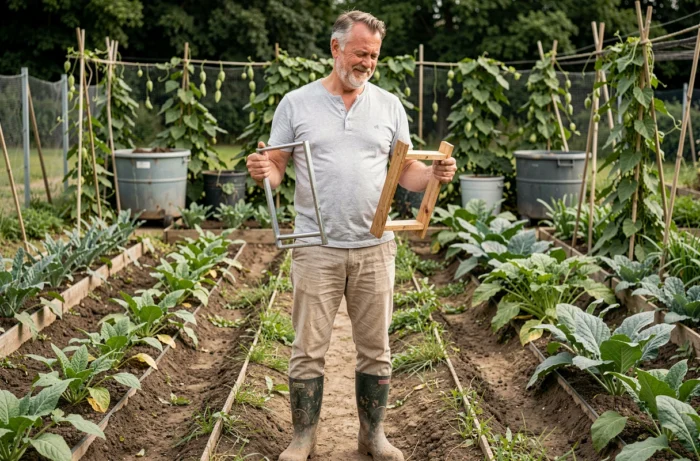Jardinier comparant deux modèles de grelinette dans un grand potager pour choisir le meilleur outil écologique