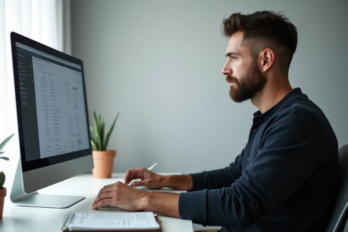 Homme comparant des offres de crédit en ligne depuis son bureau à domicile, avec des notes manuscrites sur les taux et conditions de financement