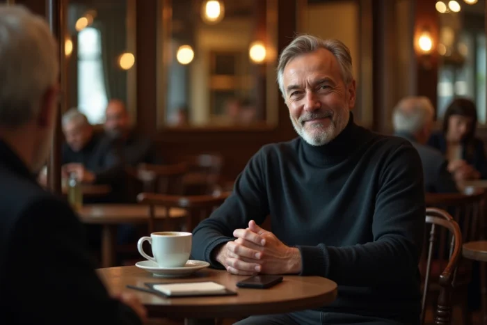 Homme en col roulé sombre attablé dans une brasserie parisienne classique, sourire sincère et expression ouverte lors d'une conversation intime