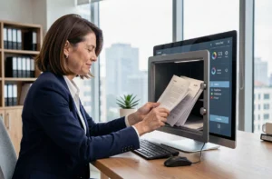 Femme professionnelle organisant des documents légaux dans un coffre-fort numérique sécurisé au bureau