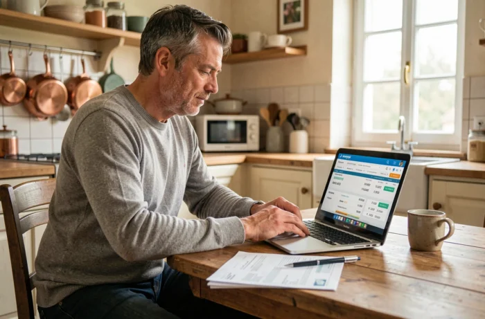 Un homme consultant ses comptes Banque Postale en ligne depuis son domicile