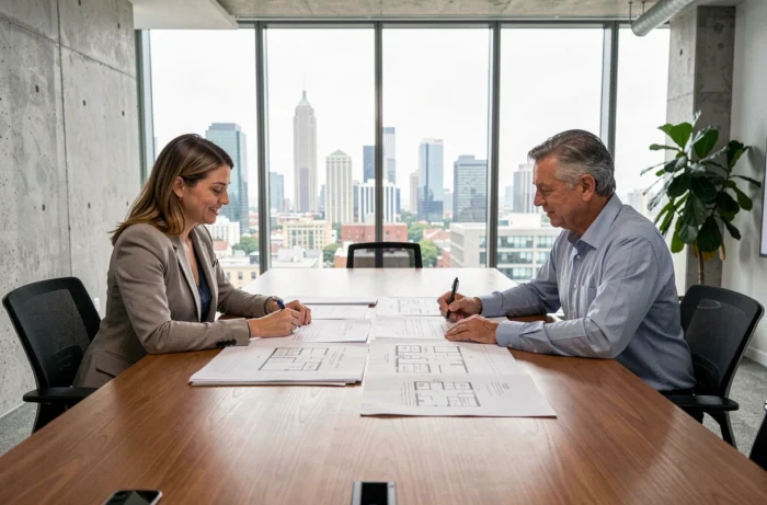 Une femme et un conseiller immobilier expérimenté analysant ensemble des documents et plans de propriété dans une salle de réunion moderne avec vue sur la ville