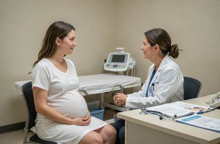 Femme enceinte en consultation prénatale avec une gynécologue obstétricienne dans un cabinet médical moderne