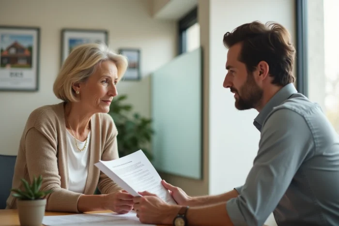 Deux professionnels discutent d'une rupture de contrat IAD autour d'un document dans une agence immobilière, en séance de consultation