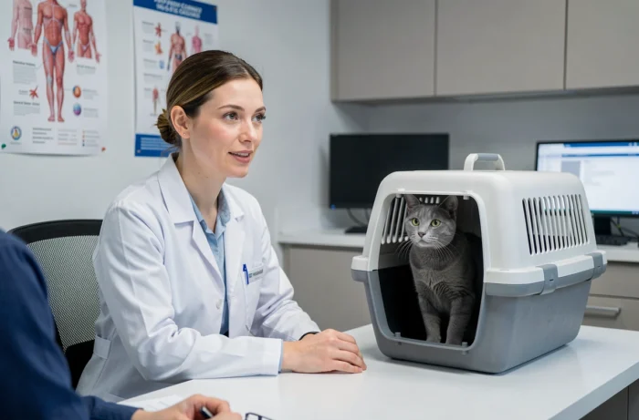 Consultation vétérinaire avec un chat mâle gris pour un bilan de santé incluant le contrôle de la descente des testicules