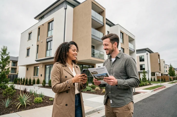 Couple de futurs acheteurs découvrant un nouveau programme immobilier résidentiel