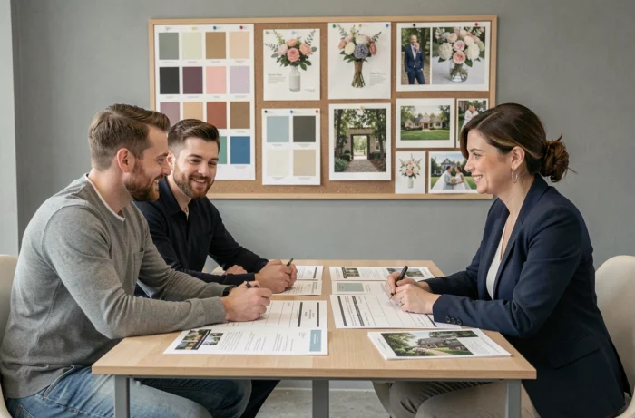 Couple discutant des étapes d'organisation de leur mariage avec une wedding planner professionnelle dans un studio moderne